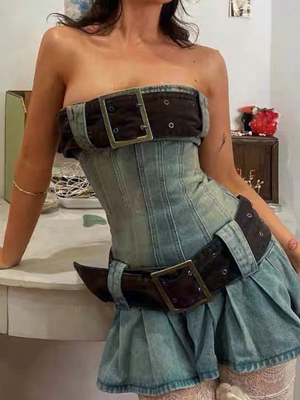 Chunky Belted Strapless Denim Mini Dress Blue / S Mini Dresses