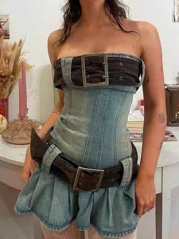 Chunky Belted Strapless Denim Mini Dress Mini Dresses