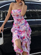 Ruffle Flower Embellish Bandeau Mini Dress Pink / S Mini Dresses