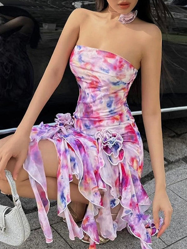 Ruffle Flower Embellish Bandeau Mini Dress Mini Dresses
