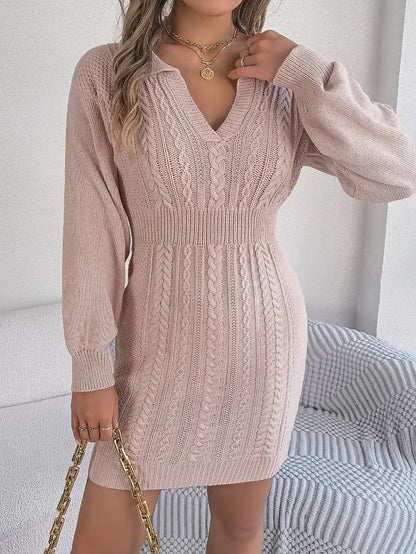 Casual Loose Knit Sweater Autumn Winter Women's Chicken Heart Collar Twists Full Sleeve Woolen Mini Dress