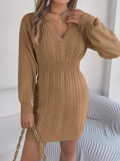 Casual Loose Knit Sweater Autumn Winter Women's Chicken Heart Collar Twists Full Sleeve Woolen Mini Dress