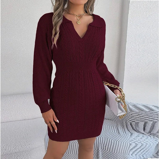 Casual Loose Knit Sweater Autumn Winter Women's Chicken Heart Collar Twists Full Sleeve Woolen Mini Dress