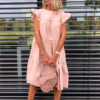 Casual Loose Short Flying Retro Round Neck Solid Midi Dress