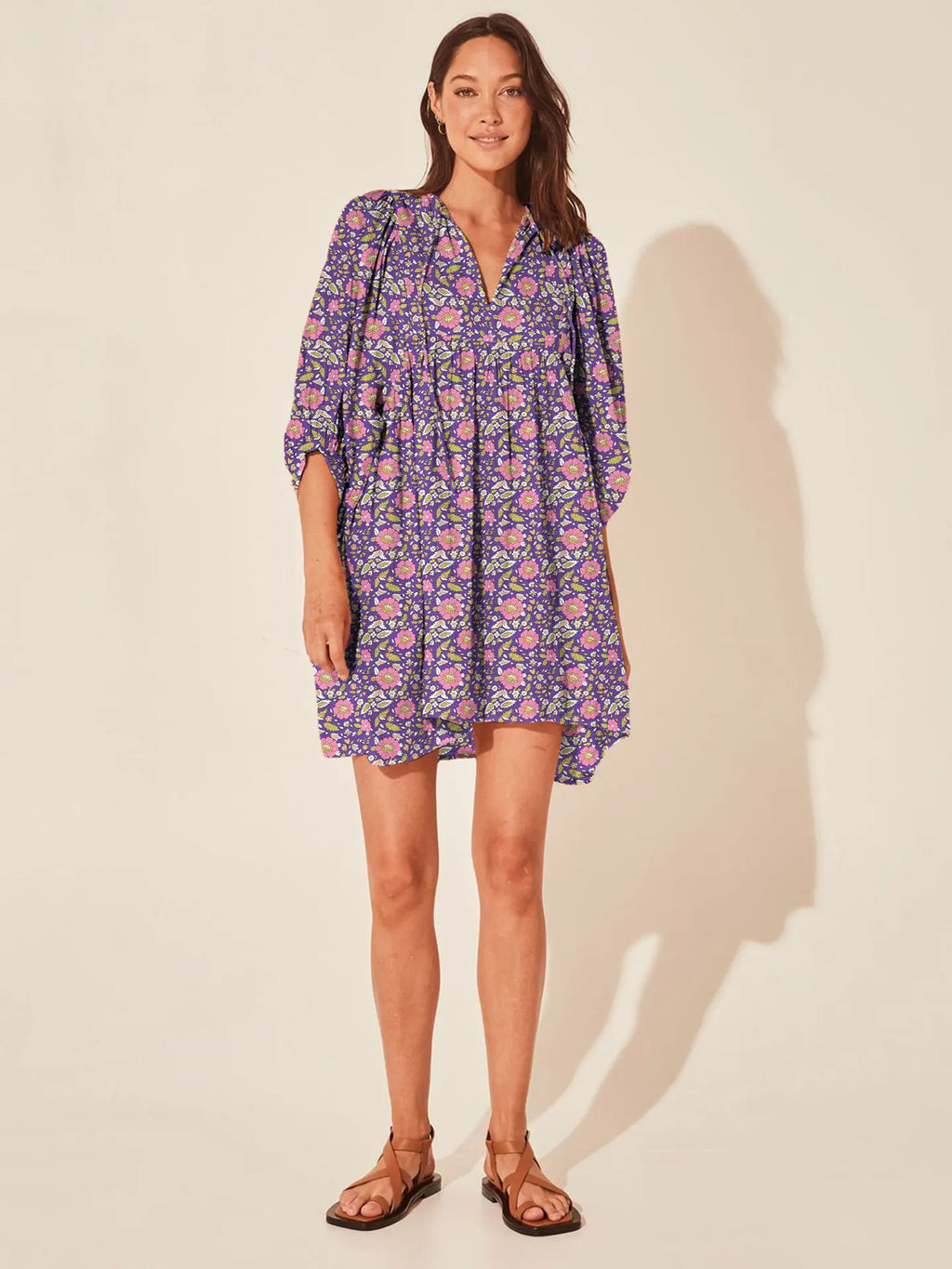 Casual Loose Floral Print Spring/Summer Women’s 2024 New Lantern Sleeves Lace up V neck Mini Dress Lavender / S
