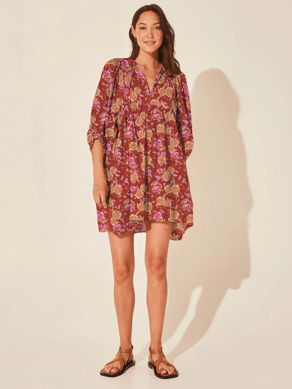 Casual Loose Floral Print Spring/Summer Women’s 2024 New Lantern Sleeves Lace up V neck Mini Dress Rose Red / S