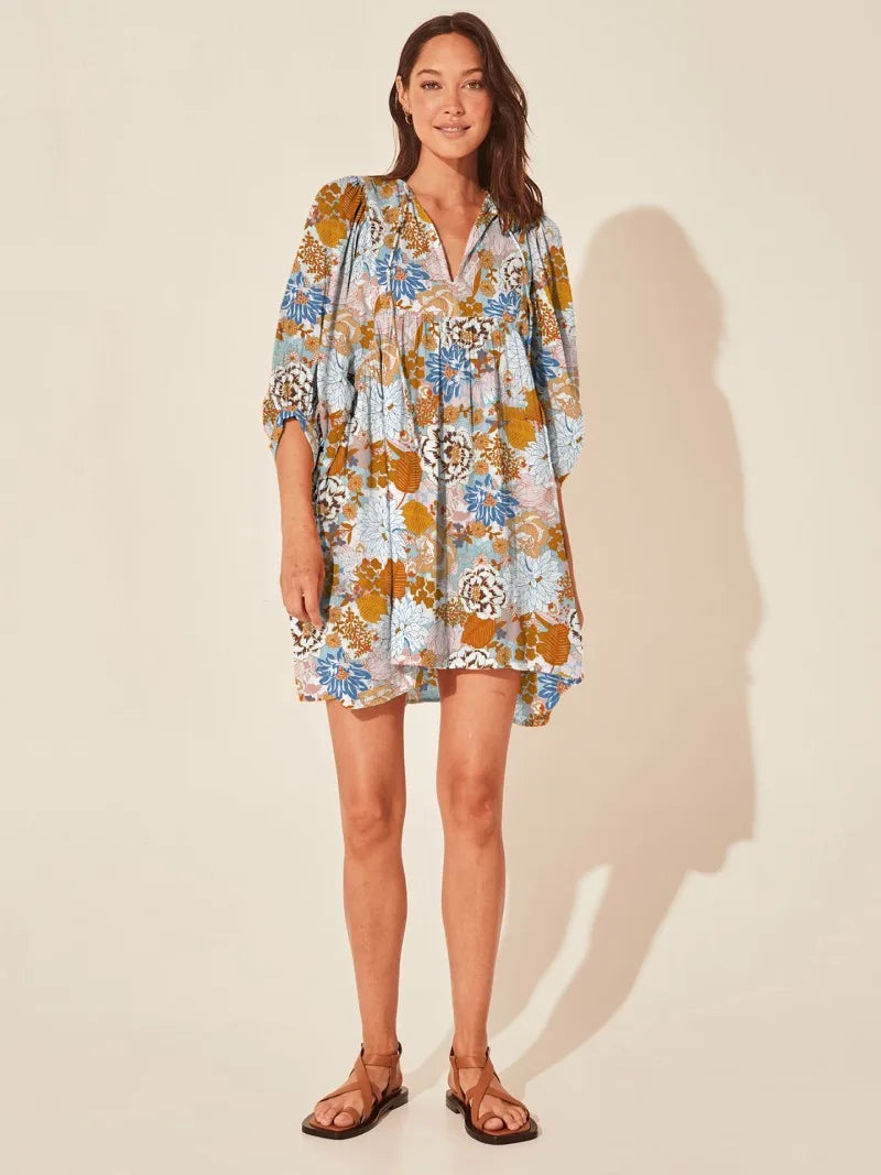 Casual Loose Floral Print Spring/Summer Women’s 2024 New Lantern Sleeves Lace up V neck Mini Dress