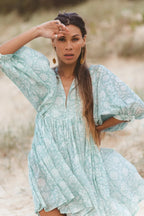 Casual Loose Floral Print Spring/Summer Women’s 2024 New Lantern Sleeves Lace up V neck Mini Dress GREEN / S
