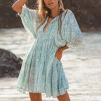 Casual Loose Floral Print Spring/Summer Women’s 2024 New Lantern Sleeves Lace up V neck Mini Dress