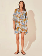 Casual Loose Floral Print Spring/Summer Women’s 2024 New Lantern Sleeves Lace up V neck Mini Dress BLUE / S