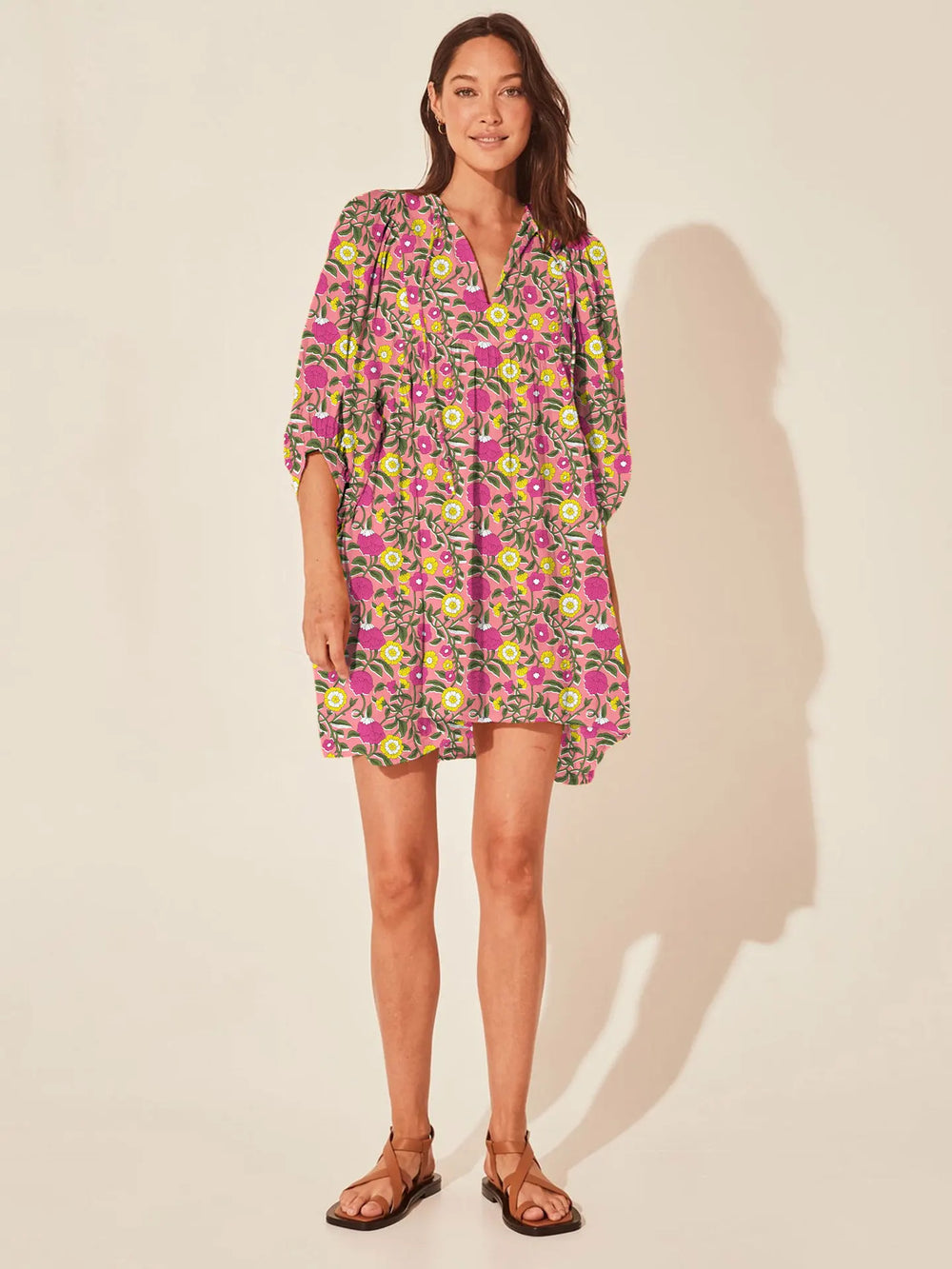 Casual Loose Floral Print Spring/Summer Women’s 2024 New Lantern Sleeves Lace up V neck Mini Dress Coral / S