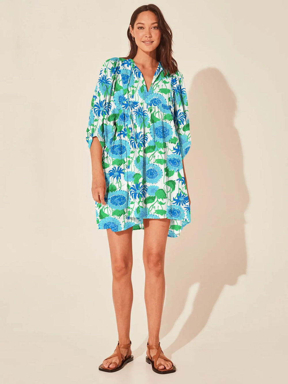 Casual Loose Floral Print Spring/Summer Women’s 2024 New Lantern Sleeves Lace up V neck Mini Dress Dark Green / S