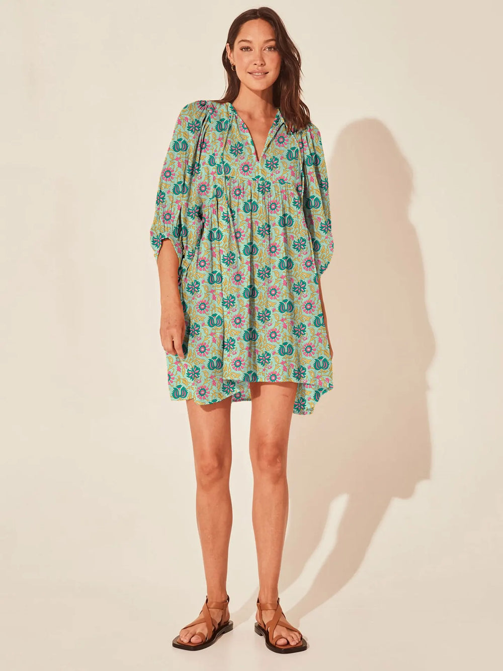 Casual Loose Floral Print Spring/Summer Women’s 2024 New Lantern Sleeves Lace up V neck Mini Dress LIGHT GREEN / S