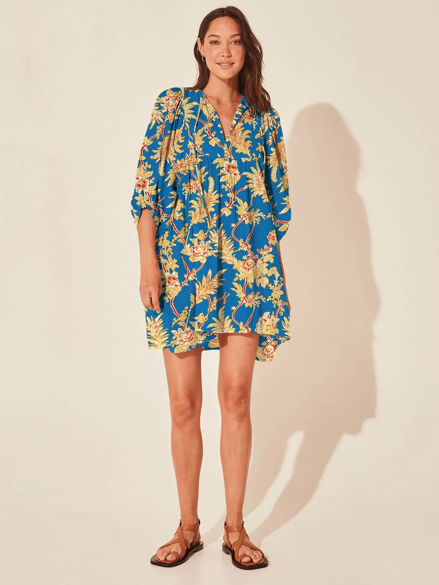 Casual Loose Floral Print Spring/Summer Women’s 2024 New Lantern Sleeves Lace up V neck Mini Dress Mint Green / S