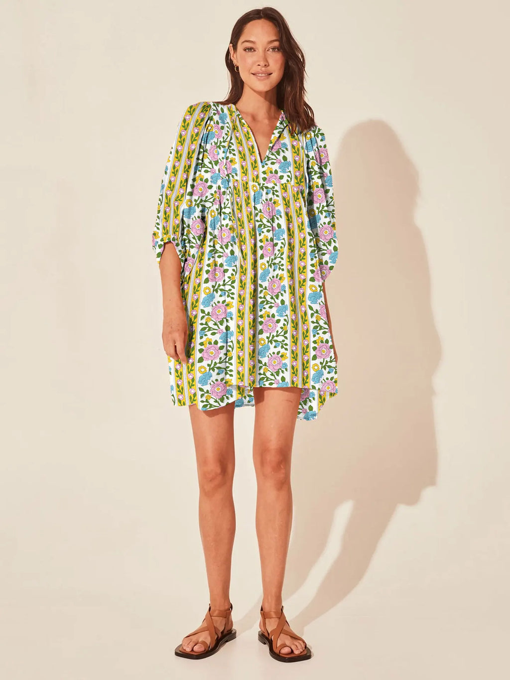 Casual Loose Floral Print Spring/Summer Women’s 2024 New Lantern Sleeves Lace up V neck Mini Dress Forest Green / S