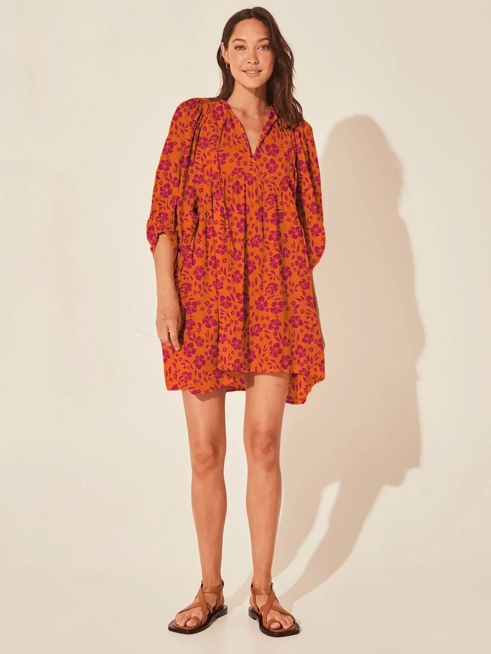 Casual Loose Floral Print Spring/Summer Women’s 2024 New Lantern Sleeves Lace up V neck Mini Dress Burgundy / S