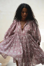 Casual Loose Floral Print Spring/Summer Women’s 2024 New Lantern Sleeves Lace up V neck Mini Dress PURPLE / S