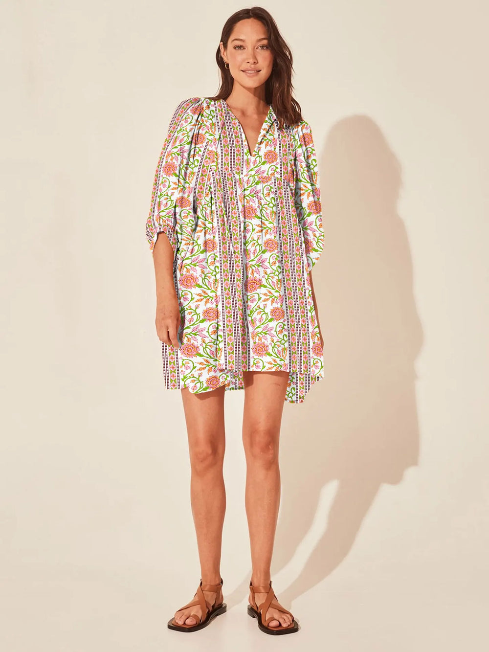 Casual Loose Floral Print Spring/Summer Women’s 2024 New Lantern Sleeves Lace up V neck Mini Dress Peach / S