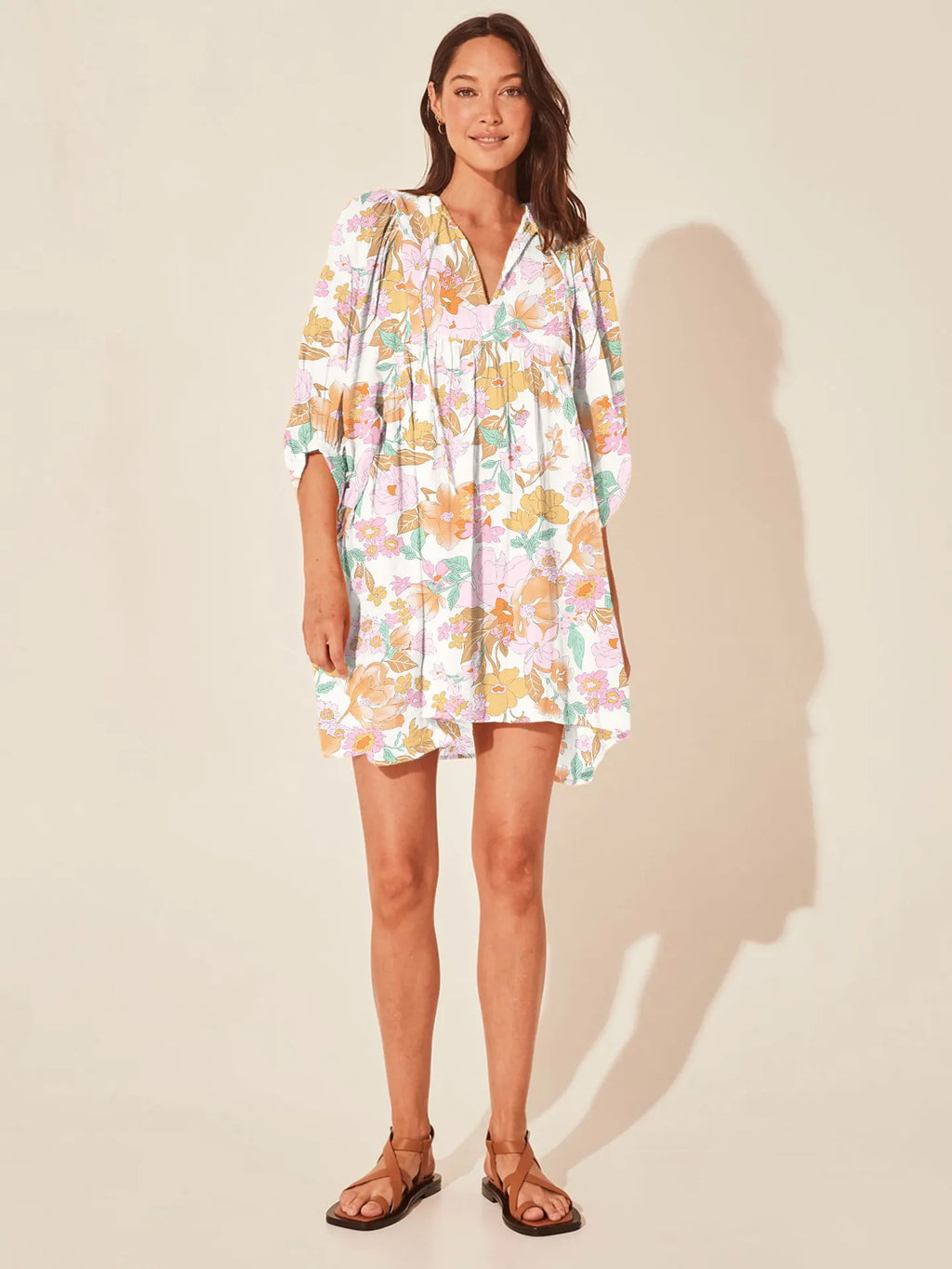 Casual Loose Floral Print Spring/Summer Women’s 2024 New Lantern Sleeves Lace up V neck Mini Dress ORANGE / S