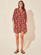 Casual Loose Floral Print Spring/Summer Women’s 2024 New Lantern Sleeves Lace up V neck Mini Dress Rose Red / S