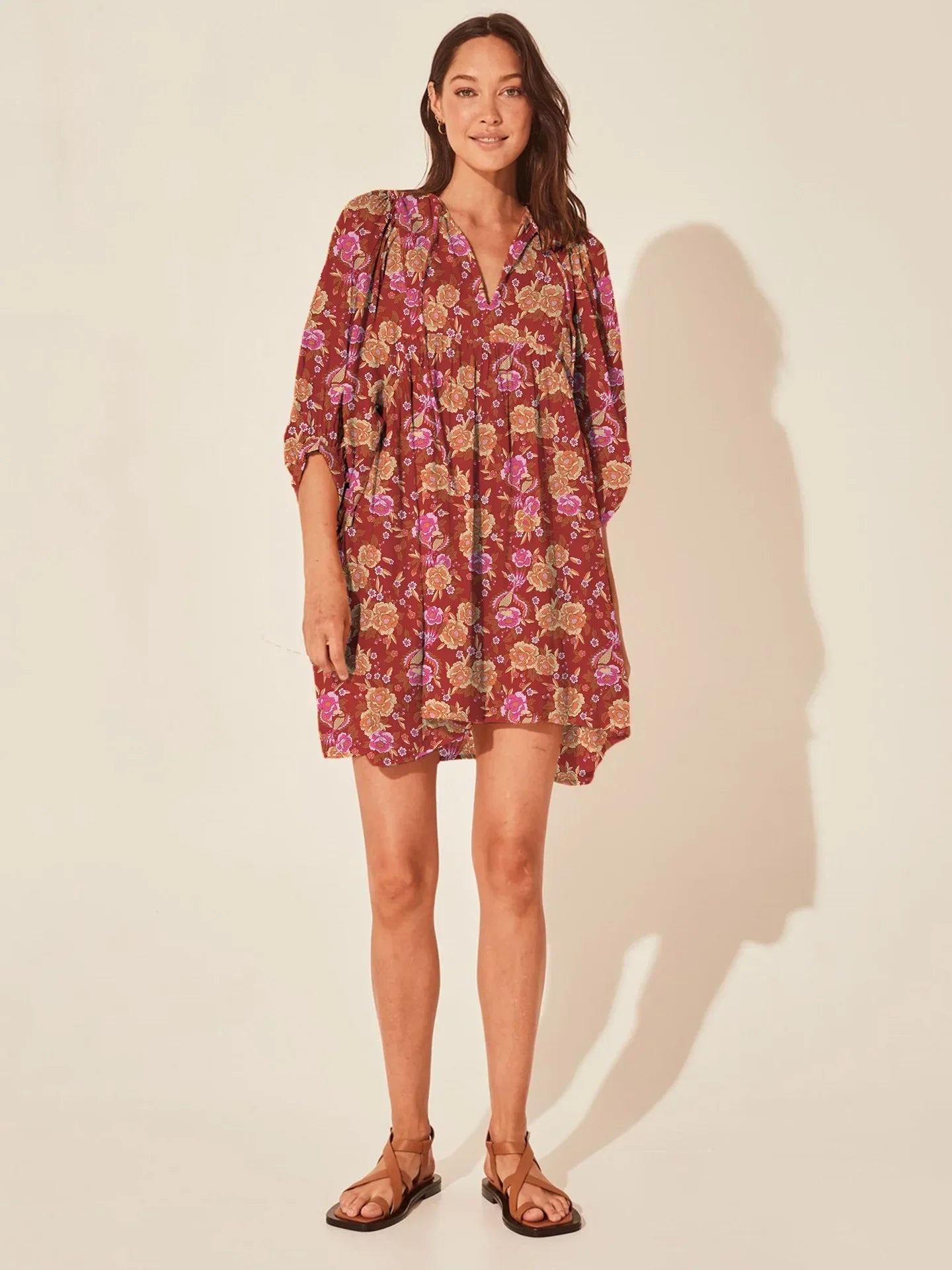 Casual Loose Floral Print Spring/Summer Women’s 2024 New Lantern Sleeves Lace up V neck Mini Dress Rose Red / S