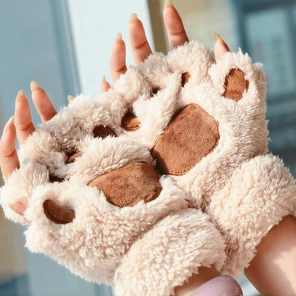 Cute Cartoon Cat Girl Fluffy Thickened Bear Paw Winter Half Finger Christmas Glove