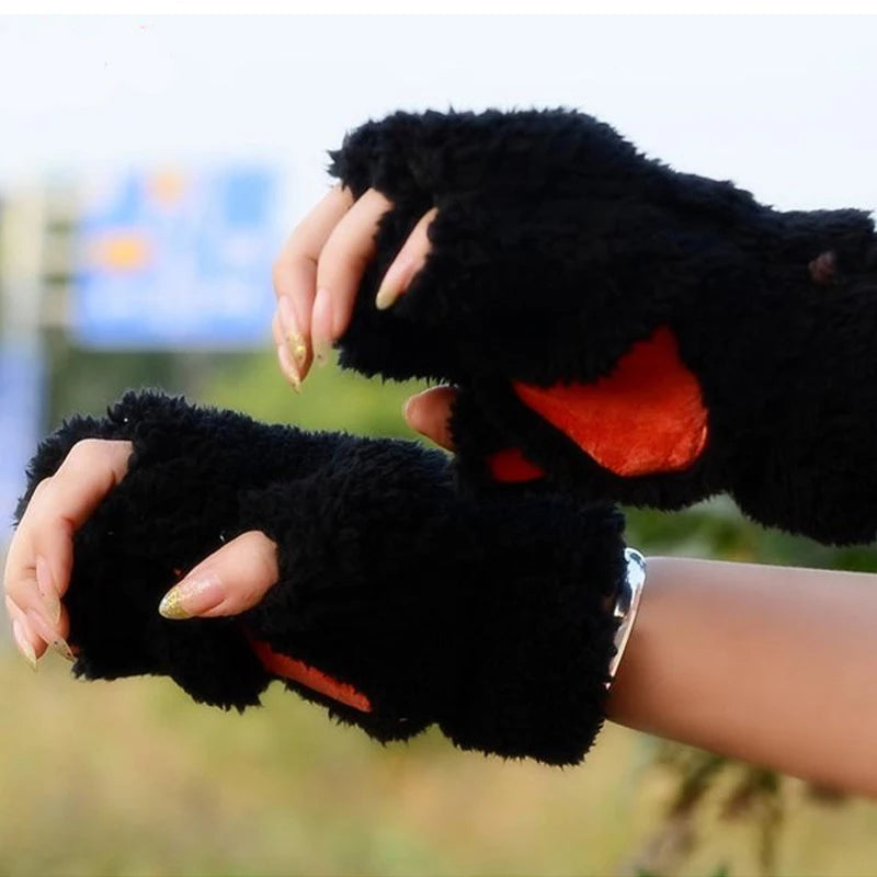 Cute Cartoon Cat Girl Fluffy Thickened Bear Paw Winter Half Finger Christmas Glove