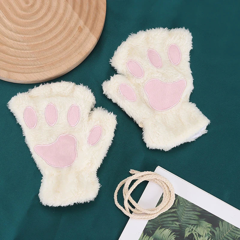 Cute Cartoon Cat Girl Fluffy Thickened Bear Paw Winter Half Finger Christmas Glove