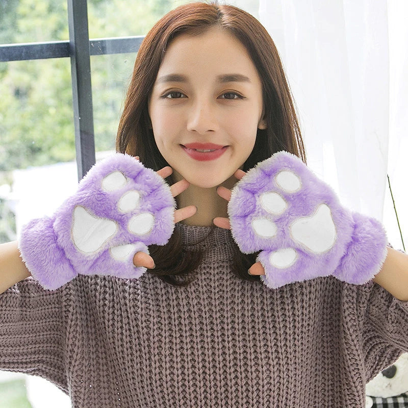 Cute Cartoon Cat Girl Fluffy Thickened Bear Paw Winter Half Finger Christmas Glove