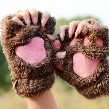 Cute Cartoon Cat Girl Fluffy Thickened Bear Paw Winter Half Finger Christmas Glove