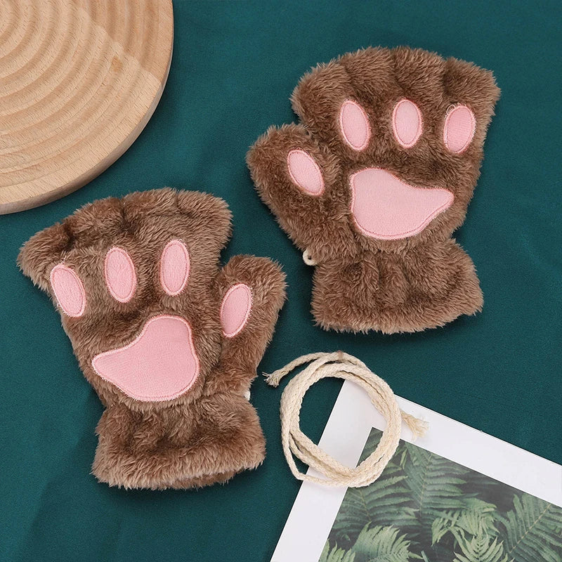 Cute Cartoon Cat Girl Fluffy Thickened Bear Paw Winter Half Finger Christmas Glove