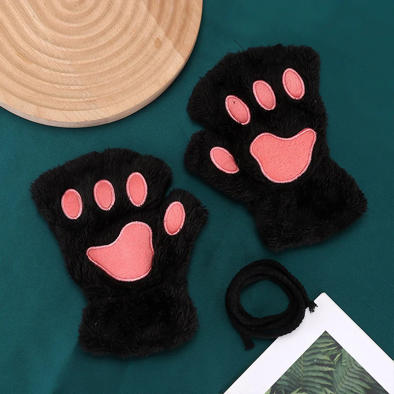 Cute Cartoon Cat Girl Fluffy Thickened Bear Paw Winter Half Finger Christmas Glove