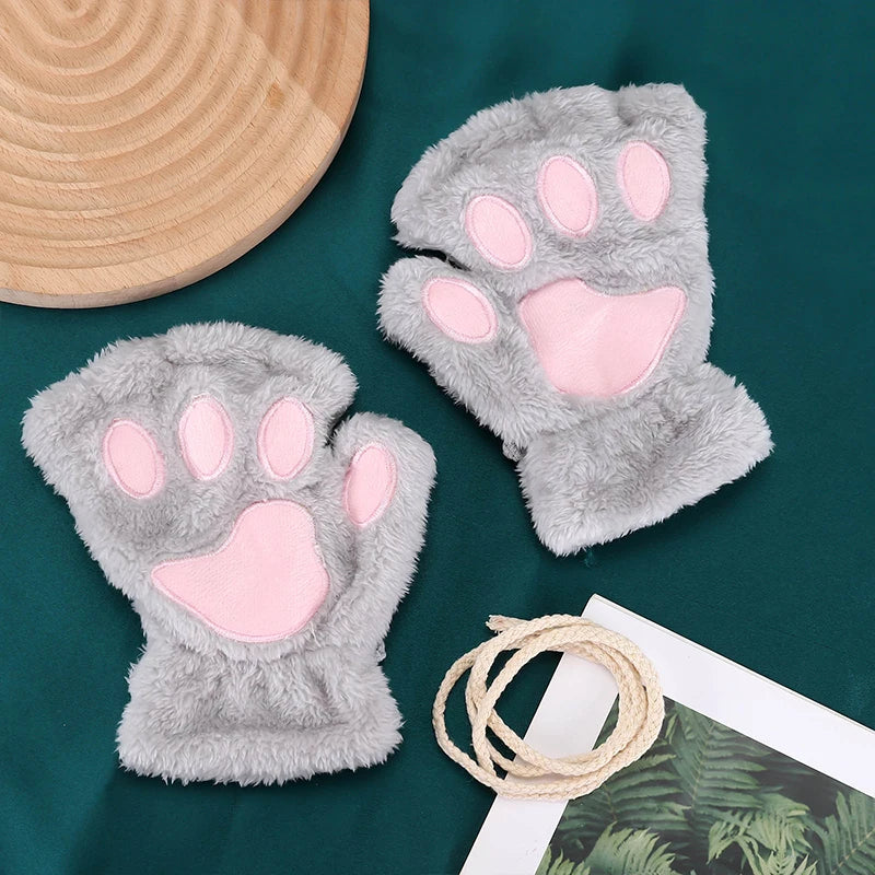 Cute Cartoon Cat Girl Fluffy Thickened Bear Paw Winter Half Finger Christmas Glove