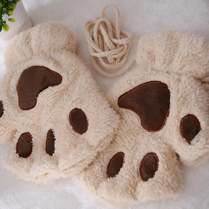 Cute Cartoon Cat Girl Fluffy Thickened Bear Paw Winter Half Finger Christmas Glove