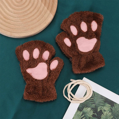 Cute Cartoon Cat Girl Fluffy Thickened Bear Paw Winter Half Finger Christmas Glove