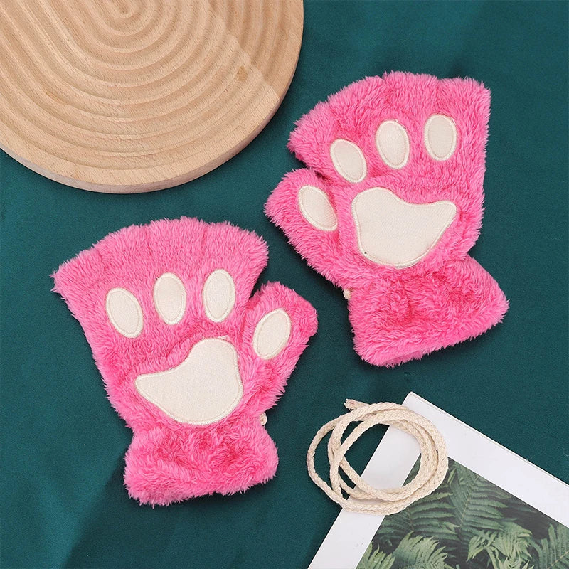 Cute Cartoon Cat Girl Fluffy Thickened Bear Paw Winter Half Finger Christmas Glove