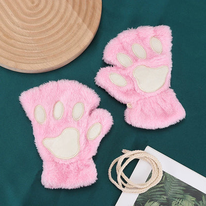 Cute Cartoon Cat Girl Fluffy Thickened Bear Paw Winter Half Finger Christmas Glove