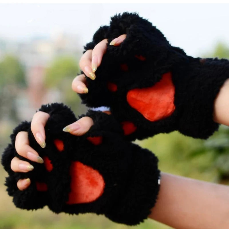 Cute Cartoon Cat Girl Fluffy Thickened Bear Paw Winter Half Finger Christmas Glove