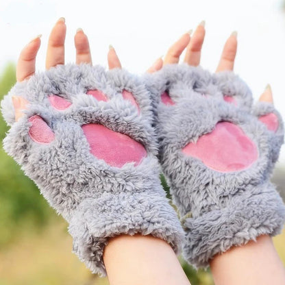 Cute Cartoon Cat Girl Fluffy Thickened Bear Paw Winter Half Finger Christmas Glove