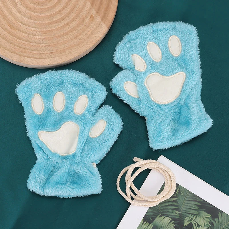 Cute Cartoon Cat Girl Fluffy Thickened Bear Paw Winter Half Finger Christmas Glove