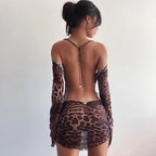 Chic Sexy Backless Leopard Print Summer Women’s 2024 New Full Flare Sleeve Skinny Hip Wrap Mini Dress