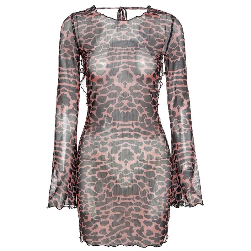 Chic Sexy Backless Leopard Print Summer Women’s 2024 New Full Flare Sleeve Skinny Hip Wrap Mini Dress BLACK / S