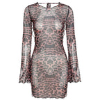 Chic Sexy Backless Leopard Print Summer Women’s 2024 New Full Flare Sleeve Skinny Hip Wrap Mini Dress BLACK / S