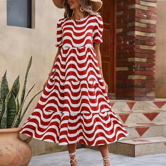 Chic Wave Stripe Short Bubble Sleeves Skinny O-neck Midi Dress