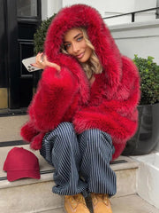Red Fluffy Hooded Faux Fur Coat Coats-241208