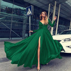 Cocktail For Women 2024 Classy Solid Color Long Sleeve V Neck Maxi Red Vintage Formal A Line Prom Dress Green / S