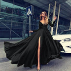 Cocktail For Women 2024 Classy Solid Color Long Sleeve V Neck Maxi Red Vintage Formal A Line Prom Dress Black / S