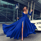 Cocktail For Women 2024 Classy Solid Color Long Sleeve V Neck Maxi Red Vintage Formal A Line Prom Dress Blue / S
