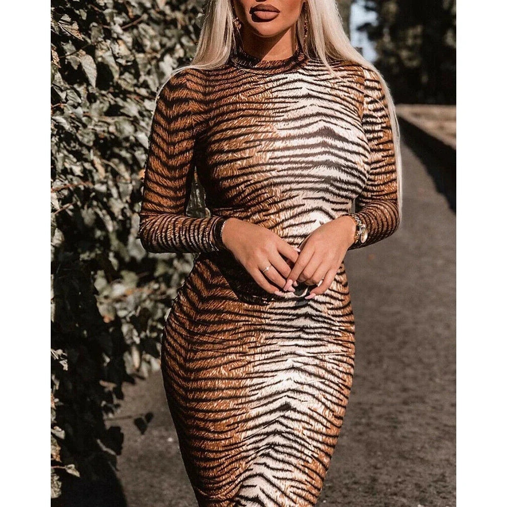 Sexy Tiger Print High Neck Long Sleeve Slim Bodycon Midi Dress