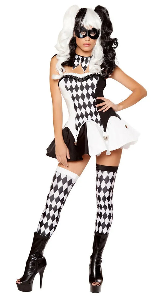 Circus Dress Black Carnival Fancy Clown Lattice Masquerade White Costume